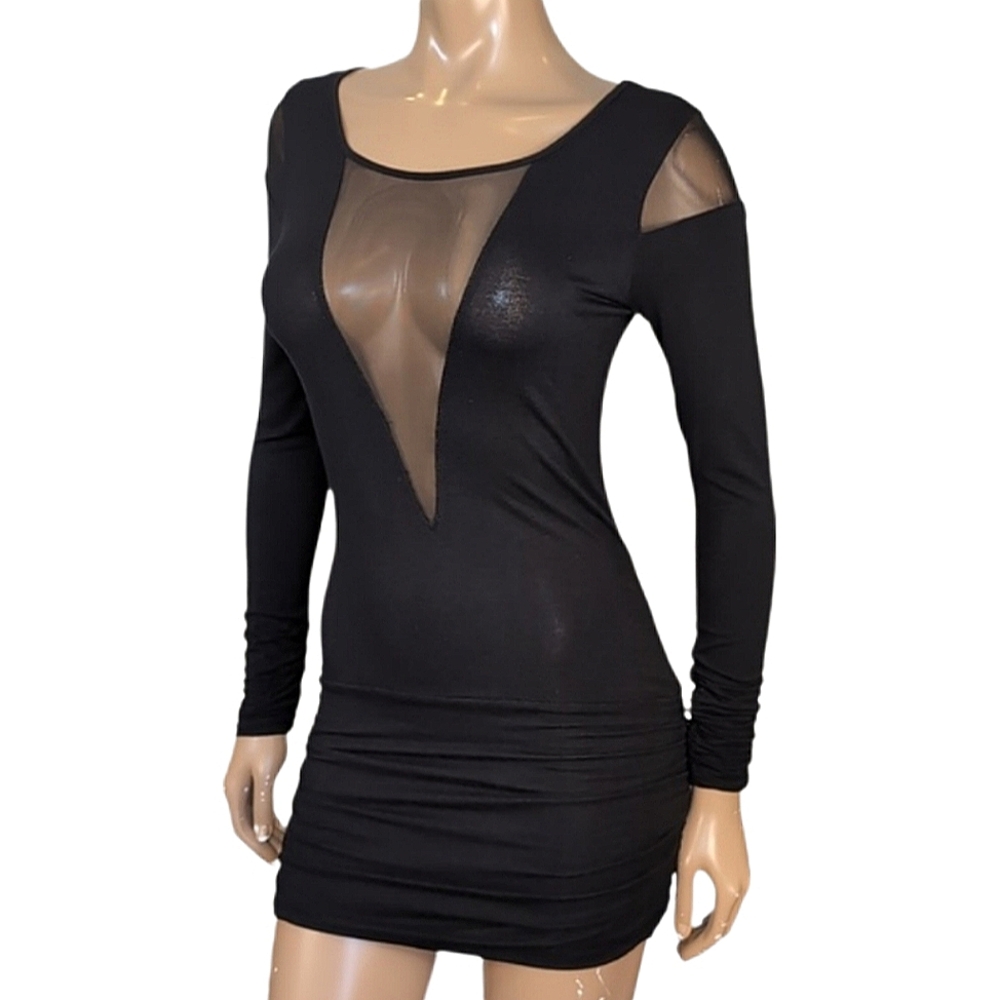 Seductions Long Sleeve Bodycon Mini Dress Womens Size Small Black Sheer Mesh